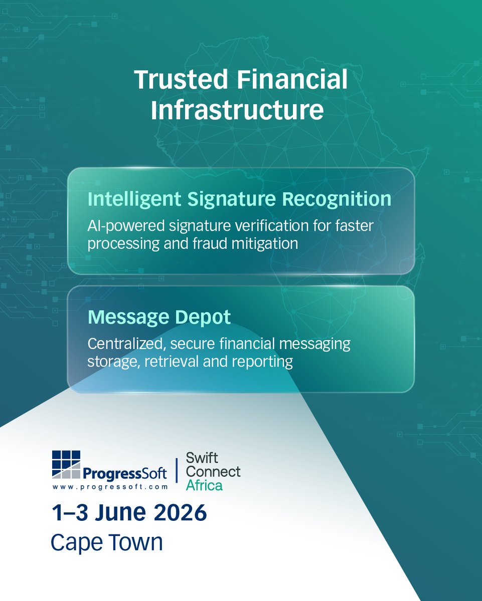 ProgressSoft's tweet photo. Visit the #ProgressSoft booth at #SwiftConnectAfrica2026 in Cape Town to discover how Intelligent Signature Recognition &amp; Message Depot enable intelligent automation, centralized message management and greater operational efficiency. #OperationalEfficiency https://t.co/Z9fezHExuS