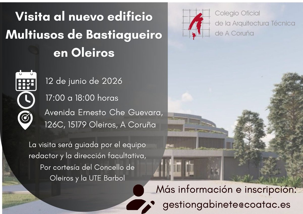 coat_ac's tweet photo. 📢 Próximas actividades del COATAC:
21/05 | 💻 TRIPOMANT: eficiencia y salud en la envolvente
🔹 29/05 | 📍A Coruña + 💻 Fachadas y terrazas: lecciones desde la experiencia técnica
🔹 12/06 | 📍Visita al Centro Multiusos de Bastiagueiro https://t.co/pBLnHLolZX
