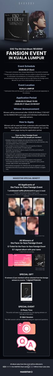 [EVENT] EXO The 8th full Album 'REVERXE' FANSIGN EVENT IN KUALA LUMPUR 🇲🇾

📅: 21 June 2026 (Sunday)
🔗: makestar.com/product/17778

#EXO #엑소 #REVERXE #MAKESTAR #EXOinMY #EXOinKL

👑 150 winners will be selected among purchasers of the event page (30 people per member)
👑 Photo