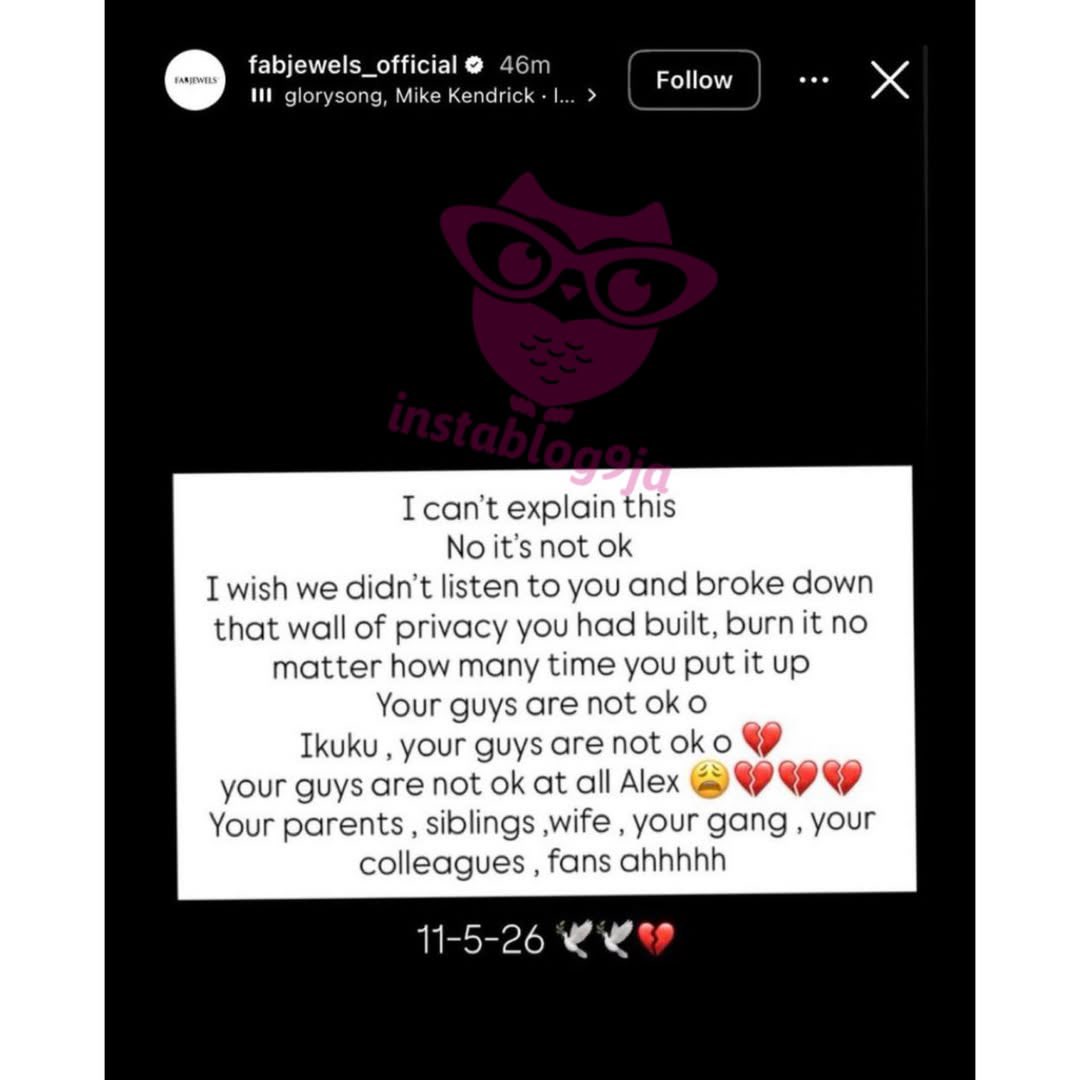 instablog9ja's tweet photo. Yomi Casual’s wife, Grace Makun, reveals Late Alex Ekubo had a wife as she mourns his passing https://t.co/UdvjsGCduC