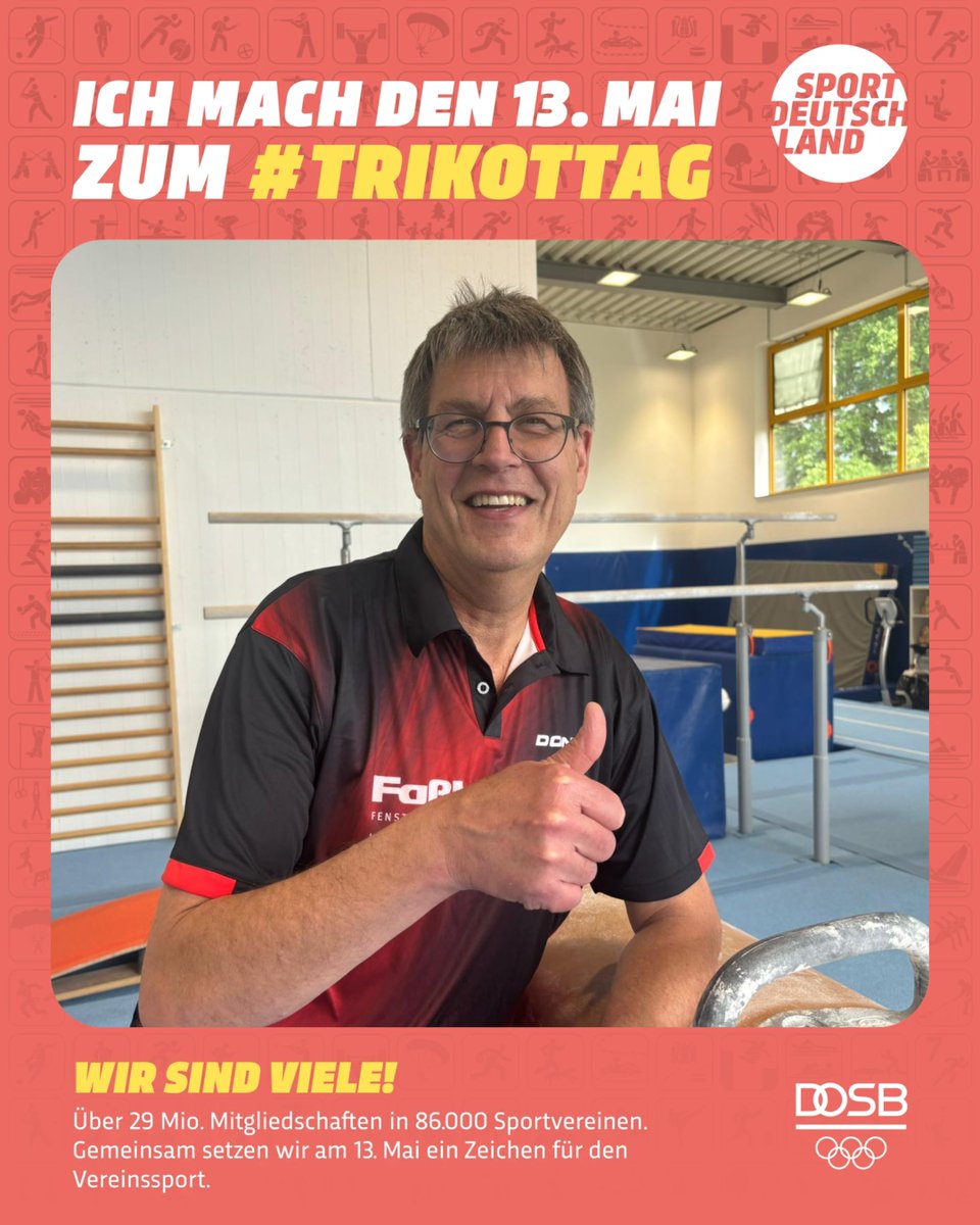 DOSB_Weikert's tweet photo. Heute ist #Trikottag!

Unser Feiertag für die 86.000 Sportvereine in Deutschland. Wir sagen Danke für all das, was die Vereine jeden Tag für uns leisten.

Zieht euer Trikot oder Sportoutfit an: Zeigt eure Farben. Zeigt euren Verein. Zeigt, was uns verbindet. https://t.co/Vq779jC8hB