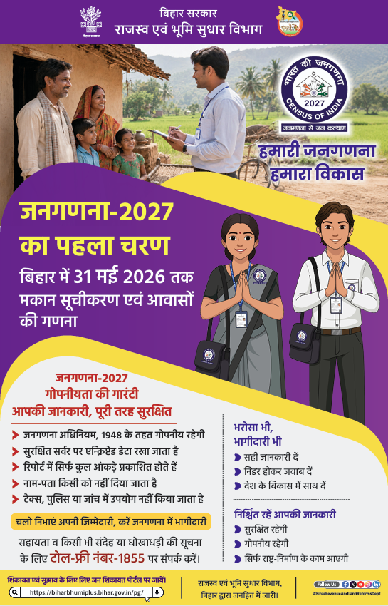 BiharRevenue's tweet photo. बिहार में @CensusIndia2027  का पहला चरण मकान सूचीकरण एवं आवासों की गणना 31 मई 2026 तक चलेगा। इस चरण में प्रगणक आपसे 33 प्रश्नों के जवाब मांगेंगे। जब प्रगणक आपके घर आएं तब उनका स्वागत करें और सही जानकारी ही दें।

@DilipJaiswalBJP 

#Census2027 #Housing
#Houselisting #BiharBhumi https://t.co/1ZN7EfKqGi