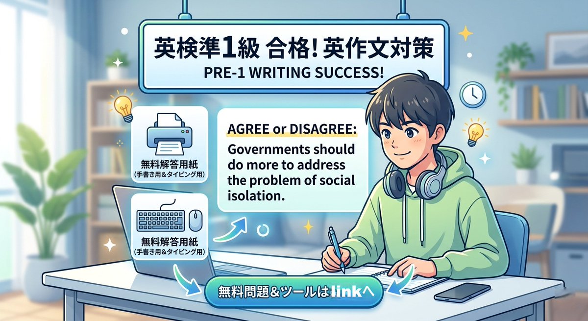 weknowquick's tweet photo. 英検準1級の英作文対策、最新予想問題を公開しました！📝

TOPIC： 「Governments should do more to address the problem of social isolation」

✅ 頻出の社会問題テーマ 
✅ 合格に直結するポイントを整理 
✅ 無料解答用紙（タイピング用・手書き用）付

練習用ファイルも充実。試験前の追い込みにどうぞ！ 🔗 https://t.co/kZ1TcmjNWr

#英検準1級 #英作文 #ライティング対策 #英語学習