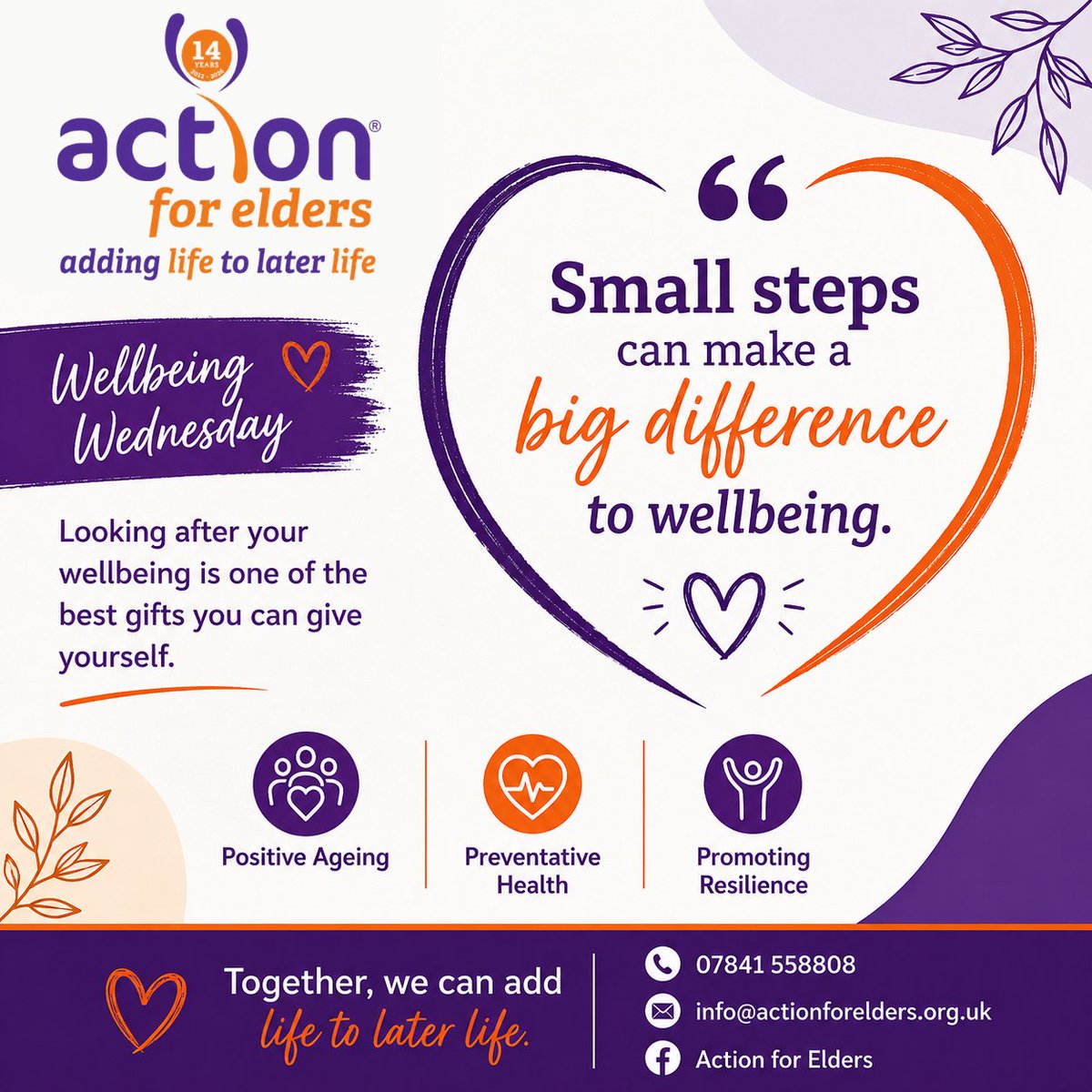 ActionForElders's tweet photo. Small steps can make a big difference to wellbeing 💜🧡

A walk. A chat. A smile. Feeling connected.

Positive ageing starts with community, prevention and belonging.

#WellbeingWednesday #ActionForElders #PositiveAgeing #PreventativeHealth https://t.co/dqu7nkoa9Q