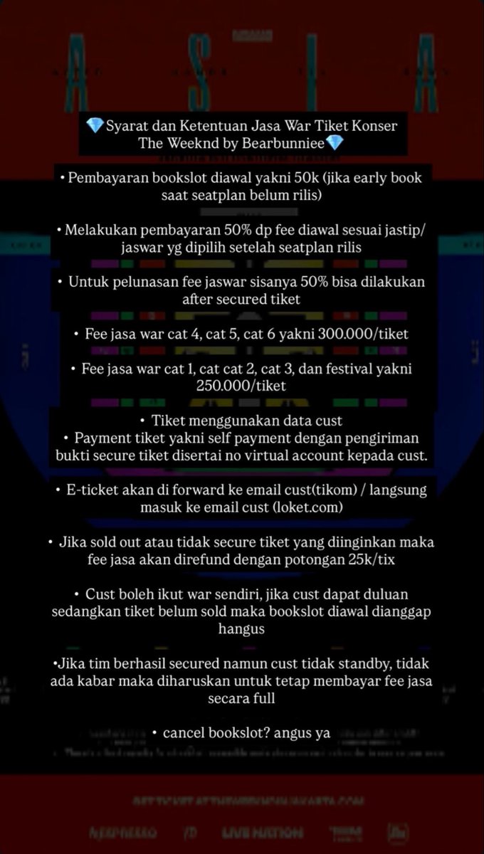 bearbunniee's tweet photo. Open Ticketing Service The Weeknd Global Stadium Tour in Jakarta

⭐️fee jasa war 250k - 300k/tiket 
✅war only tidak dibantu sampai fisik
✅contact us on instagram @bearbunniee 

#theweeknd #jasawartiket #jasawartiketkonser #jastiptiket #jasawartikettrusted jastip jaswar https://t.co/5rAAEVJELW