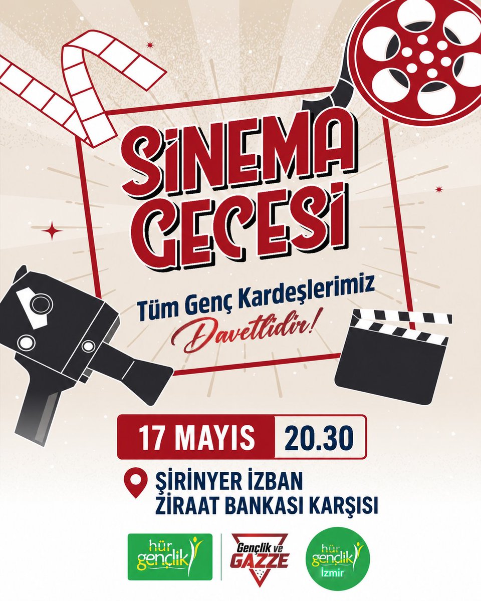 HurGenclkIzmir's tweet photo. Sinema dolu keyifli bir akşamda buluşuyoruz!

Birlikte film izleyecek, sohbet edecek ve güzel vakit geçireceğimiz “Sinema Gecesi” programımıza tüm genç kardeşlerimiz davetlidir. https://t.co/p5UAnDBqv0