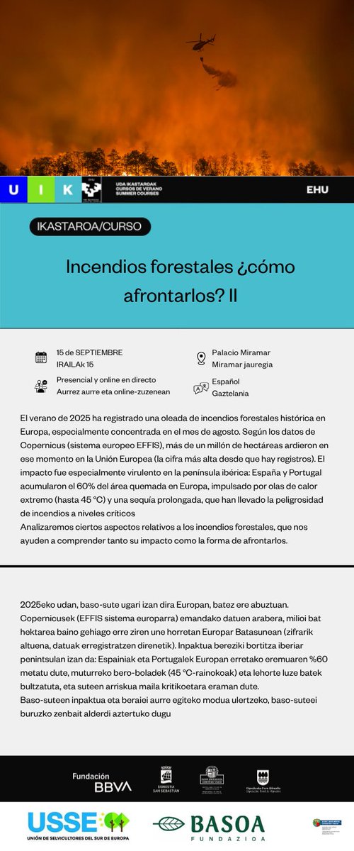 Basoa_F's tweet photo. #BasoSute ei buruzko @uik_eus  uda ikastaroa.
https://t.co/f1iuumX6Wk
Zatoz, ez zara damutuko !
Curso de verano @uik_eus sobre #IncendiosForestales.
https://t.co/VTvhFFzC3b
¡Ven, no te arrepentirás! https://t.co/y0rtMbG6X0