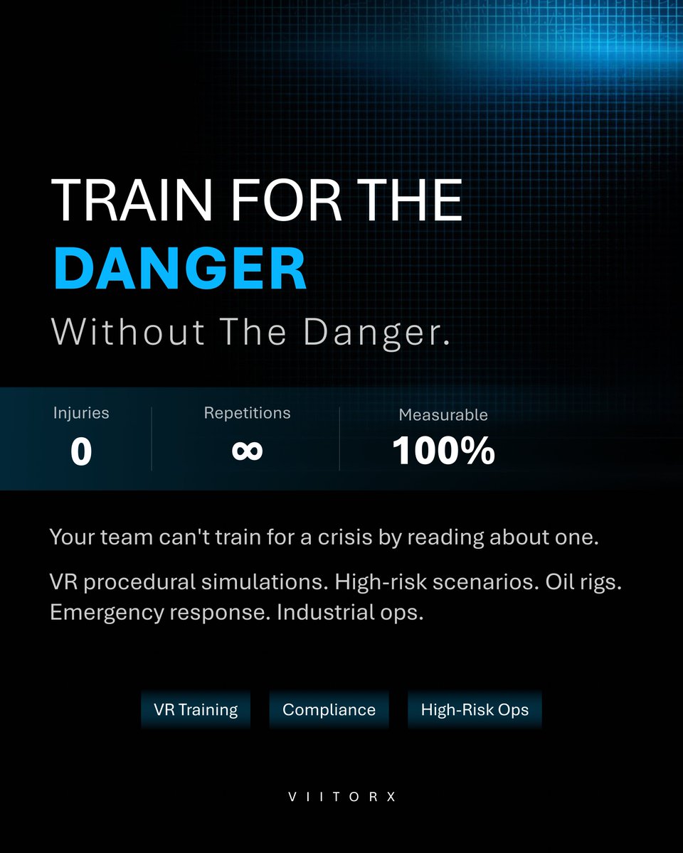 _ViitorX's tweet photo. You can’t train for a crisis by reading about it!

@_ViitorX replaces high-risk physical training with VR simulations.

Results: 0 injuries, infinity repetitions, and 100% measurable compliance.

#VRTraining #SafetyInnovation #ViitorX https://t.co/xEk5pKqD3c