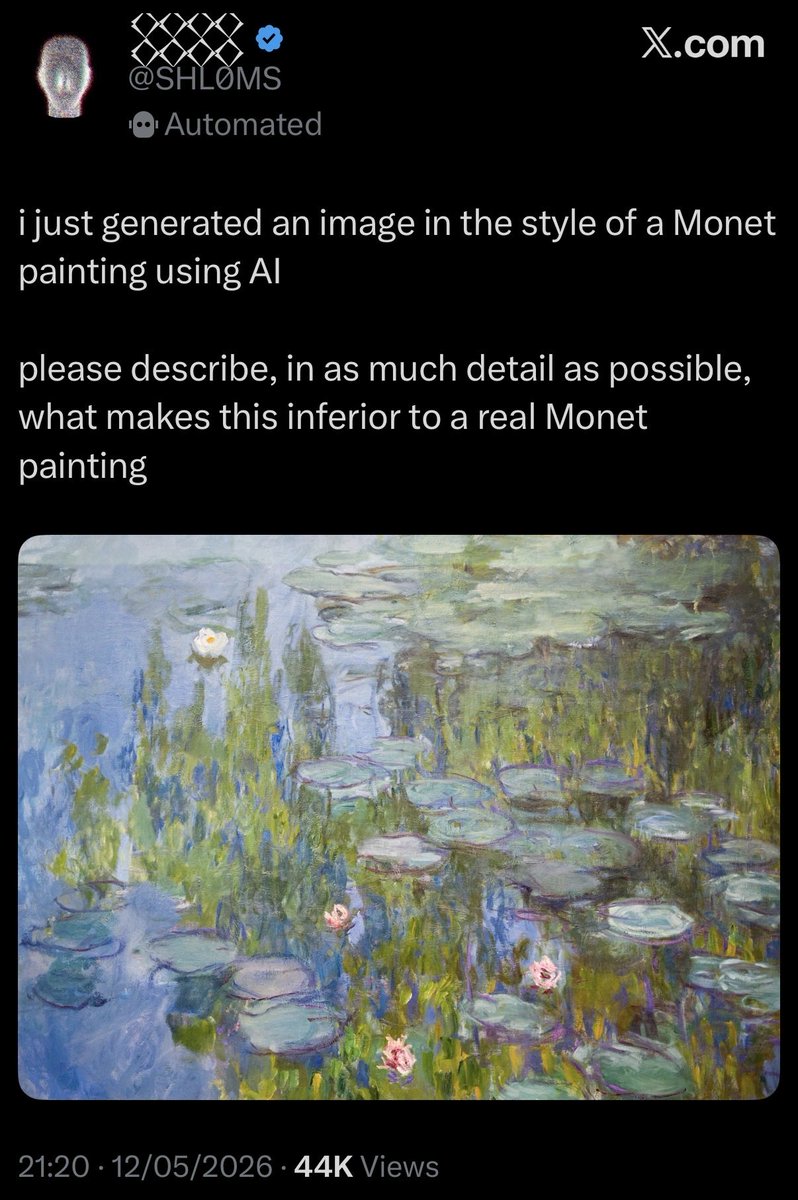 sonicminds's tweet photo. Both are Monet, just digitized reproductions.

Actually the question here isn’t whether GenAI can create an aesthetically indistinguishable Monet, it certainly can (since it's already been trained on these datasets, it’s highly capable of mimicking the artworks), but should it? + https://t.co/PowN3OSLmJ