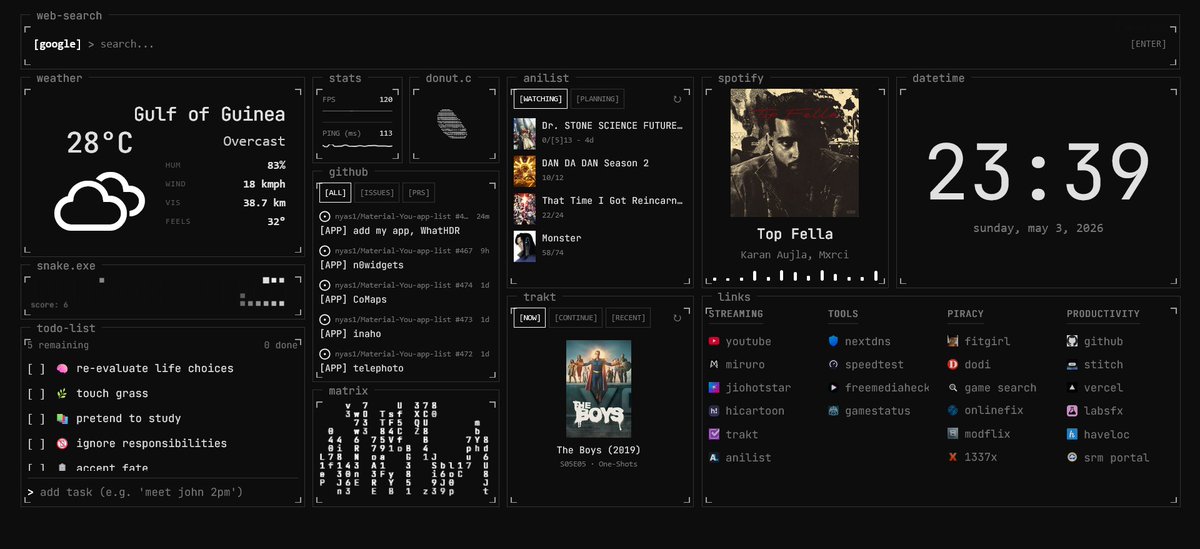 Terminal Tab 终端风格的模块化新标签页仪表盘浏览器扩展，支持 Firefox 和 Chrome 的浏览器，内置搜索、日期时间、统计、天气、链接和待办等实用组件，同时支持 Spotify 正...