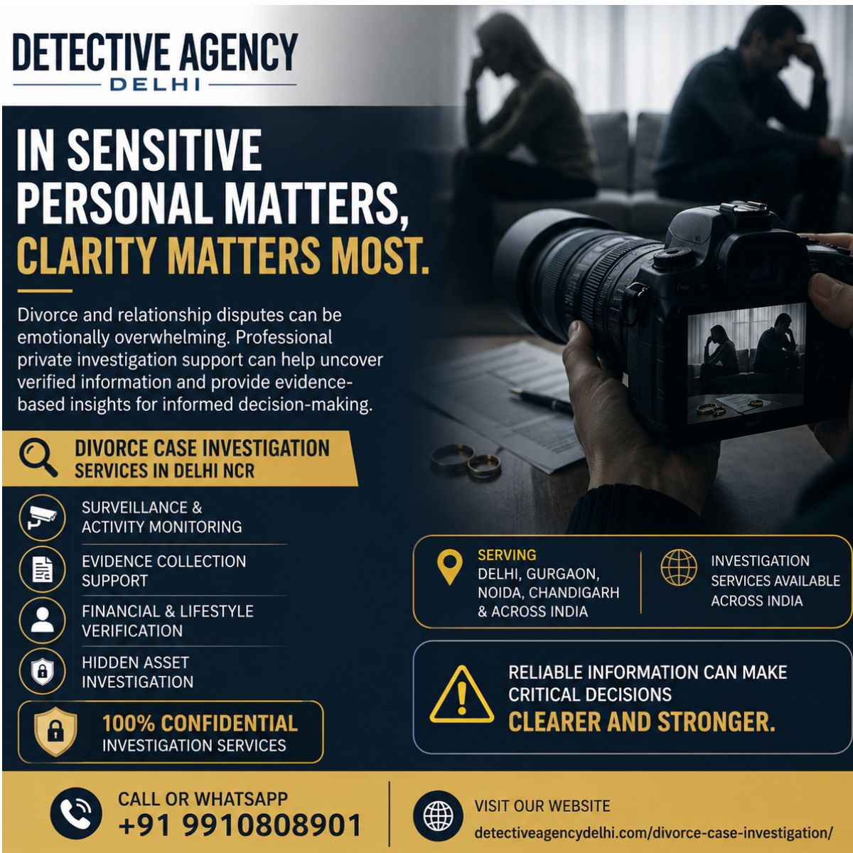 det_delhi's tweet photo. In difficult situations, facts matter more than assumptions.
Professional #divorcecaseinvestigation services in Delhi NCR with complete confidentiality.
✔ Surveillance
✔ Evidence Support
✔ Hidden Asset Verification
📞 +91 9910808901
🌐 https://t.co/KUEyXcDcMb
#PrivateDetective https://t.co/gV28hiUzwR