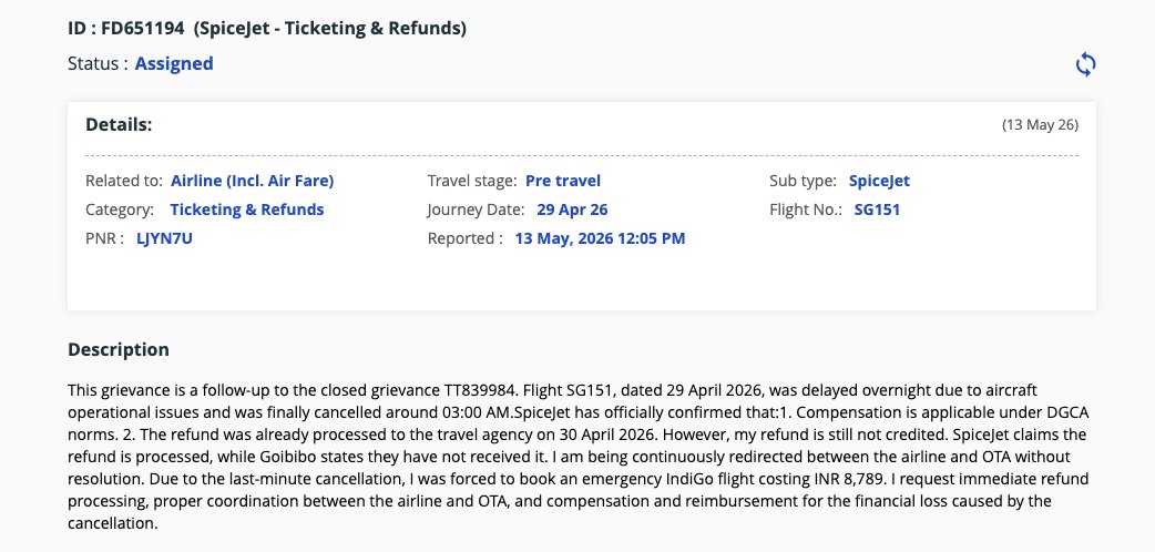 raviaryan009's tweet photo. @flyspicejet @goibibo @airsewa @MoCA_GoI SpiceJet confirmed refund for PNR LJYN7U was processed on 30 Apr 2026, yet Goibibo still denies receiving it. Passenger is being redirected endlessly between airline, OTA &amp; travel agent. Resolve immediately. AirSewa: FD651194 https://t.co/wifKfbPJvJ