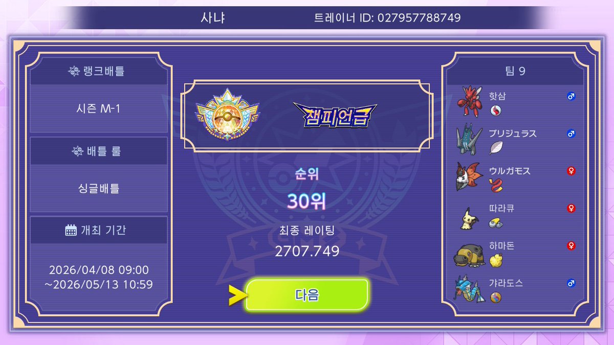 1209sung's tweet photo. ポケモンチャンピオンズ、シーズンM-1シングル

TN 사냐 2707、最終30位でした

対戦、ありがとうございました！

はやくメガクチートとメガラグラージを使いたいんです😌 https://t.co/Bizn6TtDSM