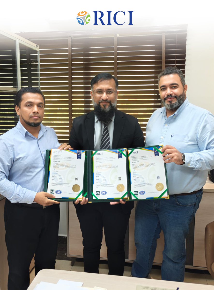 RICItc's tweet photo. RICI awarded the ISO 9001, ISO 14001 &amp; ISO 45001 certifications to Al Shalawi International Holding, reinforcing their commitment to quality management, environmental responsibility, and occupational health &amp; safety.

#ISO9001 #ISO14001 #ISO45001 #QualityManagement https://t.co/grgoZpJaks