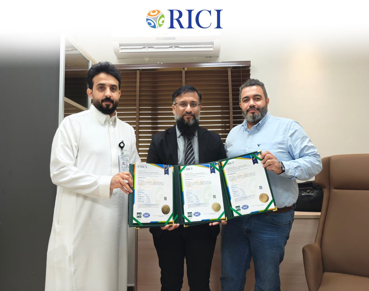 RICItc's tweet photo. RICI awarded the ISO 9001, ISO 14001 &amp; ISO 45001 certifications to Al Shalawi International Holding, reinforcing their commitment to quality management, environmental responsibility, and occupational health &amp; safety.

#ISO9001 #ISO14001 #ISO45001 #QualityManagement https://t.co/grgoZpJaks