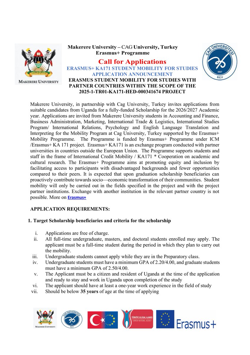 MakCoNAS's tweet photo. ****Scholarship Announcement: Makerere University – CAG University, Turkey Erasmus+ Programme  

Details at: https://t.co/y4js2e9Vjv https://t.co/XhtPma94tv