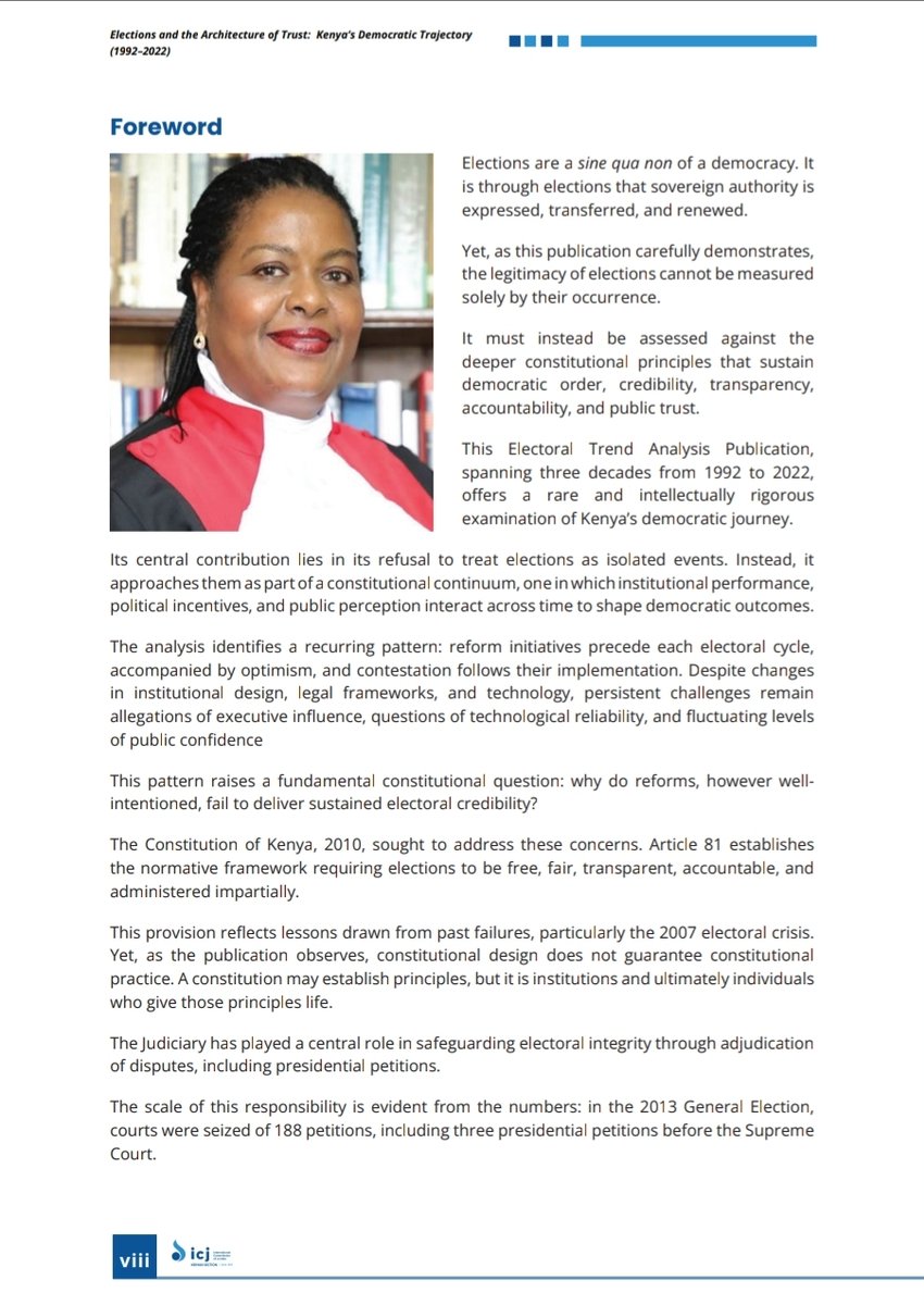 ICJKenya's tweet photo. How have Kenya’s elections changed from 1992 to 2022?

Our new publication, Elections and the Architecture of Trust, looks at 30 years of electoral reforms, challenges, court decisions, technology, and public trust in Kenya’s democracy.

With a foreword by Hon. Lady Justice Njoki Ndungu, SCJ, @NjokiNdungu_LJ and remarks from ICJ Kenya Executive Director @kipdemas, the publication offers a timely reflection as the country looks ahead to 2027.

Read the publication: https://t.co/YUTuq5Cqs8
