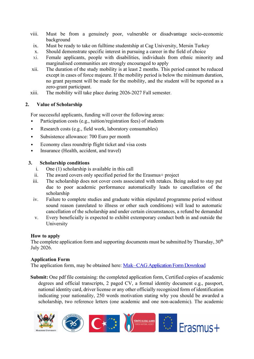 MakCoNAS's tweet photo. ****Scholarship Announcement: Makerere University – CAG University, Turkey Erasmus+ Programme  

Details at: https://t.co/y4js2e9Vjv https://t.co/XhtPma94tv