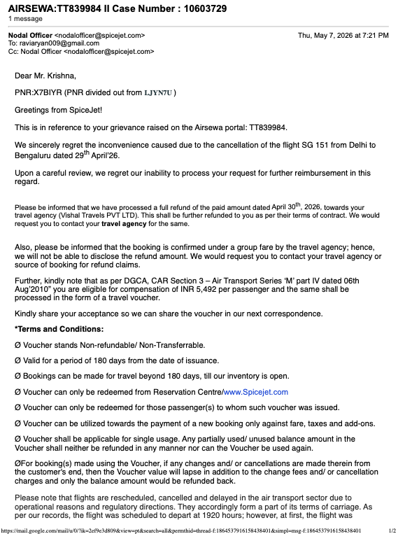 raviaryan009's tweet photo. @flyspicejet @goibibo @airsewa @MoCA_GoI SpiceJet confirmed refund for PNR LJYN7U was processed on 30 Apr 2026, yet Goibibo still denies receiving it. Passenger is being redirected endlessly between airline, OTA &amp; travel agent. Resolve immediately. AirSewa: FD651194 https://t.co/wifKfbPJvJ