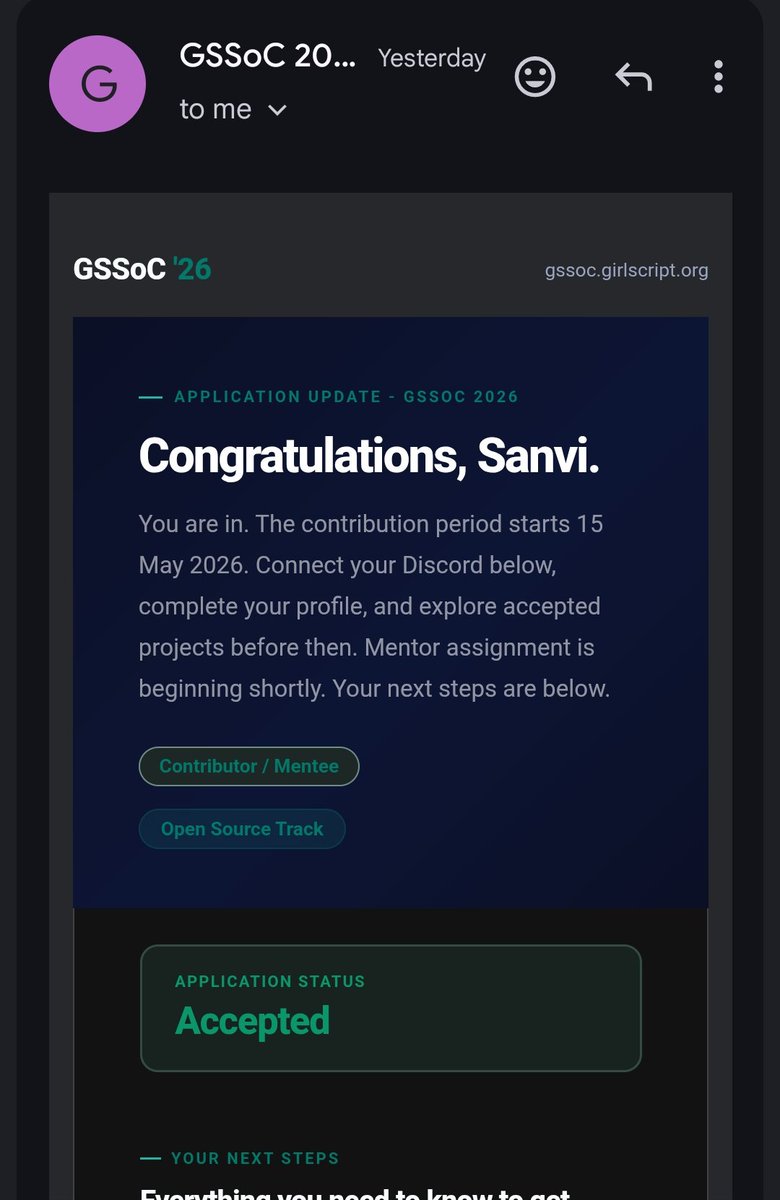 Sanvi_072005's tweet photo. Thrilled to share that I’ve been selected as a Contributor for GSSoC 2026 Open Source Track! 🚀💙
Excited to learn, collaborate, and contribute to open-source projects while growing with this incredible community.
#GSSoC2026 #OpenSource #GirlsScript #Contributor #Tech #GSSoC https://t.co/rY1Sp9LAVA