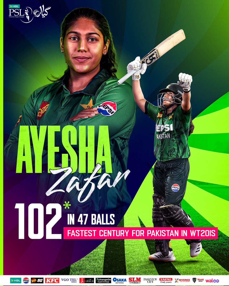 thePSLt20's tweet photo. Ayesha Zafar scored the fastest (47 balls) ton for Pakistan and joint-third fastest overall in WT20Is. She also became the second centurion for the Girls in Green in the WT20Is besides Muneeba Ali 🫡

#HBLPSL11 | #NewEra | #BackOurGirls https://t.co/1JKg3uPjrv