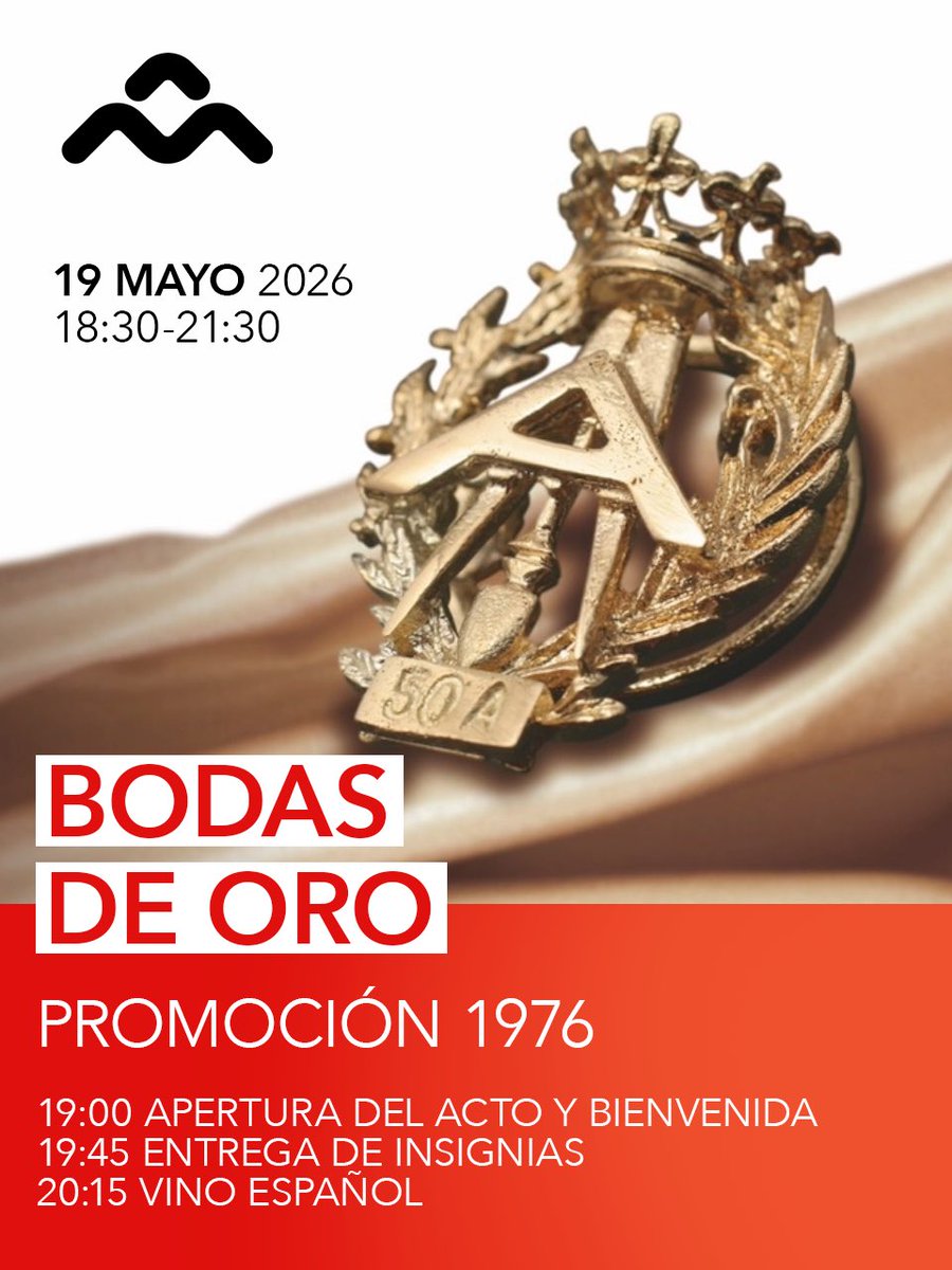 aparejadoresmad's tweet photo. ¡Celebramos las Bodas de Oro de la Promoción 1976!

La Sede del Colegio vuelve a convertirse este año en el punto de encuentro para homenajear a todos los compañeros y compañeras de la Promoción 1976 que cumplen 50 años de trayectoria profesional.

Un evento muy especial en la casa de los Aparejadores y Aparejadoras de Madrid, pensado no solo para la entrega de insignias, sino también para compartir recuerdos, experiencias y el compañerismo de toda una vida dedicada a la profesión.
La jornada incluirá un cóctel y contará con la asistencia de distintas autoridades del sector de la edificación, tanto municipales como autonómicas.

- 19 de mayo de 2026
- De 18:30 a 21:30 h
- Lugar: Colegio Oficial de Aparejadores y Arquitectos Técnicos de Madrid

🎟️ Evento gratuito con inscripción previa
👥 Exclusivo para colegiados y colegiadas de la Promoción 1976