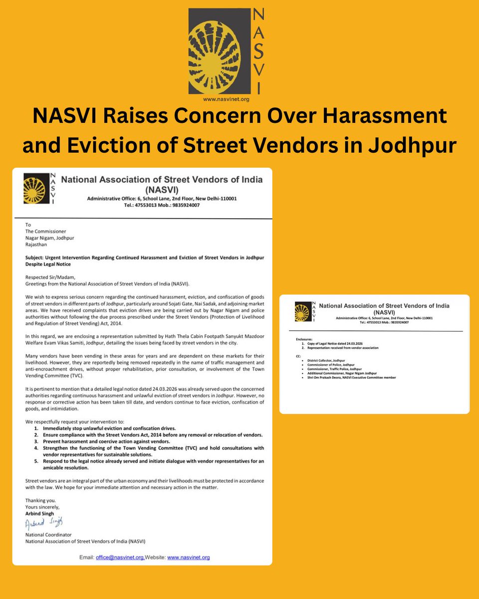 NasviIndia's tweet photo. Street vendors in Jodhpur are facing eviction, confiscation of goods, and harassment in the name of anti-encroachment, putting the livelihoods of families at risk.
@pmsvanidhi @MoHUA_India @RajCMO @BhajanlalBjp @RajGovOfficial @JodhpurMC_ @PTI_News @NavbharatTimes @the_hindu https://t.co/pvqE7ujGdS