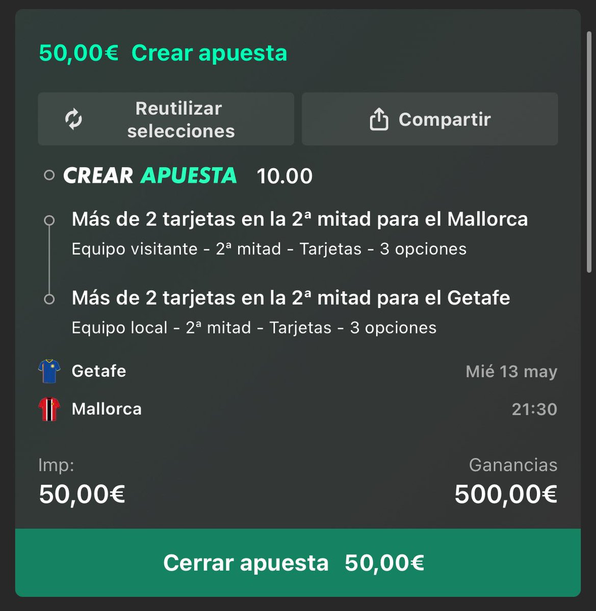CoeBets's tweet photo. 🚨OPORTUNIDAD DE ORO DE HACER UN X41 🤯 HOY (si sale verde ✅ sorteo el dinero entre todos los likes y gente que esté en mi grupo , leer abajo ⤵️ ) 

+ 1.5 tarjetas para cada equipo 2ª parte
+ 2.5 tarjetas para cada equipo 2ª parte
+ 3.5 tarjetas para cada equipo 2ª parte

Entre ambos equipos promedian 5.24 tarjetas. El Getafe promedia 3.2 amarillas, el Mallorca 2.2 amarillas y el árbitro promedia 5.0 amarillas y 0.21 rojas, partido tenso que podría terminar incluso con alguna roja.

El Mallorca se juega el descenso, una victoria sería el cielo para ellos. 
El Getafe se juega entrar en Europa y vienen en mala dinámica.
