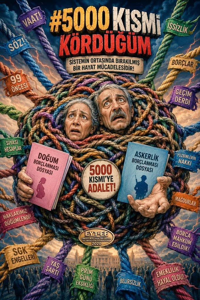 EYT
👇
#5000KısmiKördüğüm

5000 Kısmi;
Sistemin ortasında bırakılmış,
Bir hayat mücadelesidir.

Yüzbinlerin hakkını,
Siyasi hesaplara düğümlediniz!

Mağdurları;
Geçim derdine ve borca mahkum ettiniz!

5000 Kısmi'ye ADALET !

#EmekliBittiAlgınızBitmedi
<a href="/RTErdogan/">Recep Tayyip Erdoğan</a>
<a href="/isikhanvedat/">Prof. Dr. Vedat Işıkhan</a>