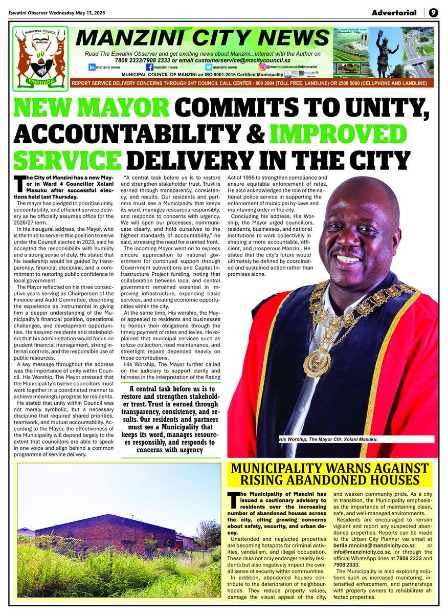 manzinicity's tweet photo. It’s Wednesday, time to grab your copy of the Eswatini Observer and stay informed with the latest Manzini City News! From leadership updates to community developments, catch all the stories shaping our city today. 
#ManziniCityNews 
#WednesdayReads 
#StayInformed https://t.co/w0mcldlmPS
