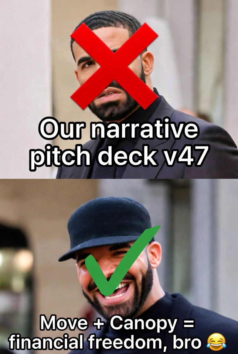3271441w's tweet photo. Transitional movement to a new energy level:
Top - a corporate guy with a 47 pitch
Bottom - a guy in a hat who just wants everyone to be happy
Move + Canopy = financial freedom, bro 😂
@Guildcreation I made my meme. Now it's your turn to suffer
#GMOVE
@MovePosition
@canopyxyz