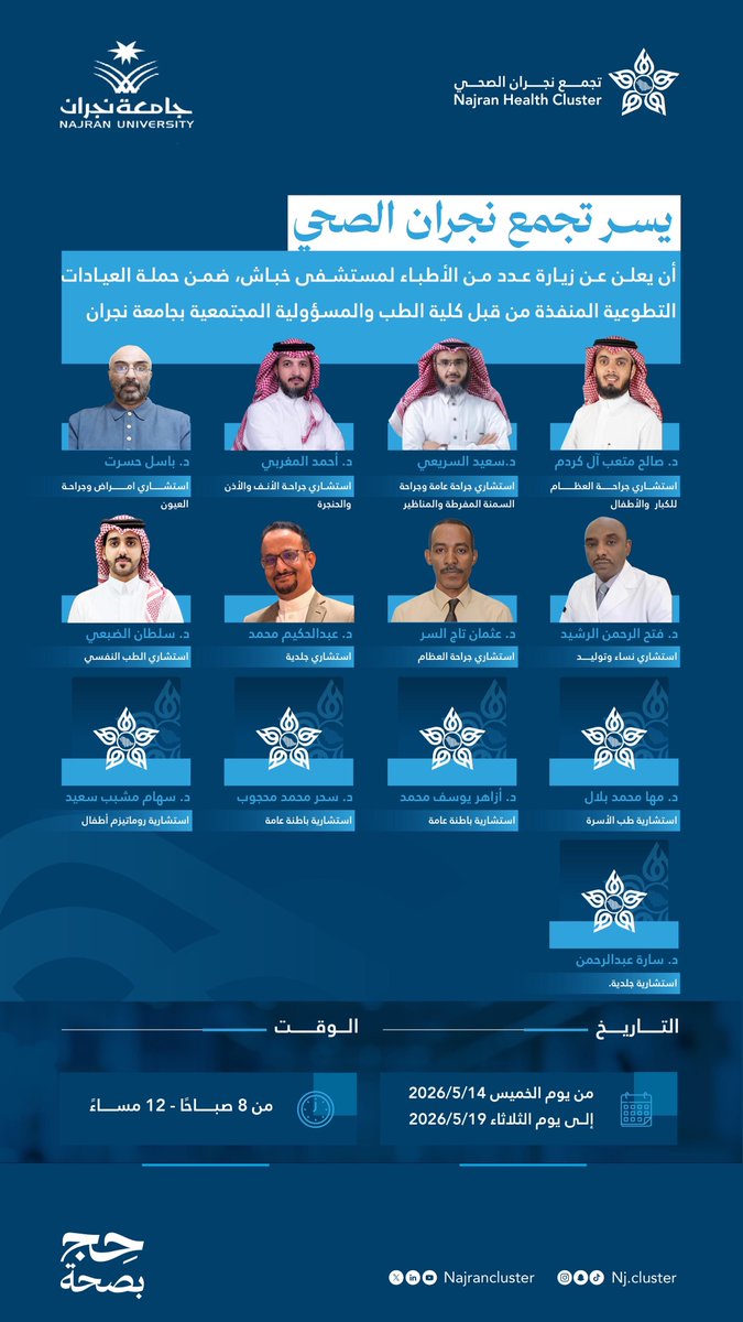 NajranCluster's tweet photo. يسر #تجمع_نجران_الصحي ممثلاً بمستشفى خباش ، وبالتعاون مع جامعة نجران ، أن يعلن عن زيارة نخبة من الأطباء ضمن حملة العيادات التطوعية المنفذة من قبل كلية الطب والمسؤولية المجتمعية بالجامعة. 

@Najran_Univers https://t.co/GXzyKWala8