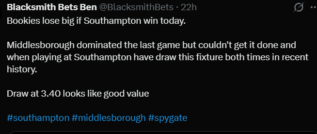 BlacksmithBets's tweet photo. Draw cashes at 3.40✅

#southampton #middlesborough #championship #spygate https://t.co/AITrcyFvcF