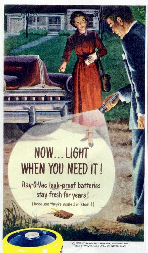 LRonLacy's tweet photo. #OTD in 1950
🧵👇
‘Now. . . light when you need it. Ray-O-Vac leak-proof batteries stay fresh for years! (because they’re sealed in steel!)’
#illustration #illustrationart #womensfashion #mensfashion #batteries #flashlights #RayOVac #1950s https://t.co/BIq8yF6fPI