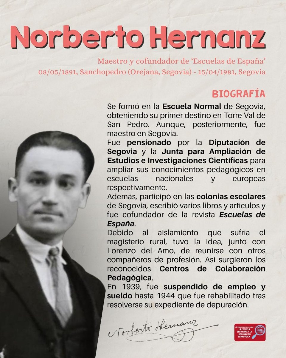 catedrasegovia's tweet photo. 1️⃣🎓 Hoy recordamos a Norberto Hernanz, maestro formado en la Escuela Normal de Segovia y muy comprometido con la mejora de la educación.

🏫 Inició su labor docente en el ámbito rural, en Torre Val de San Pedro, y posteriormente ejerció en la capital segoviana. https://t.co/32NKVLkt3F