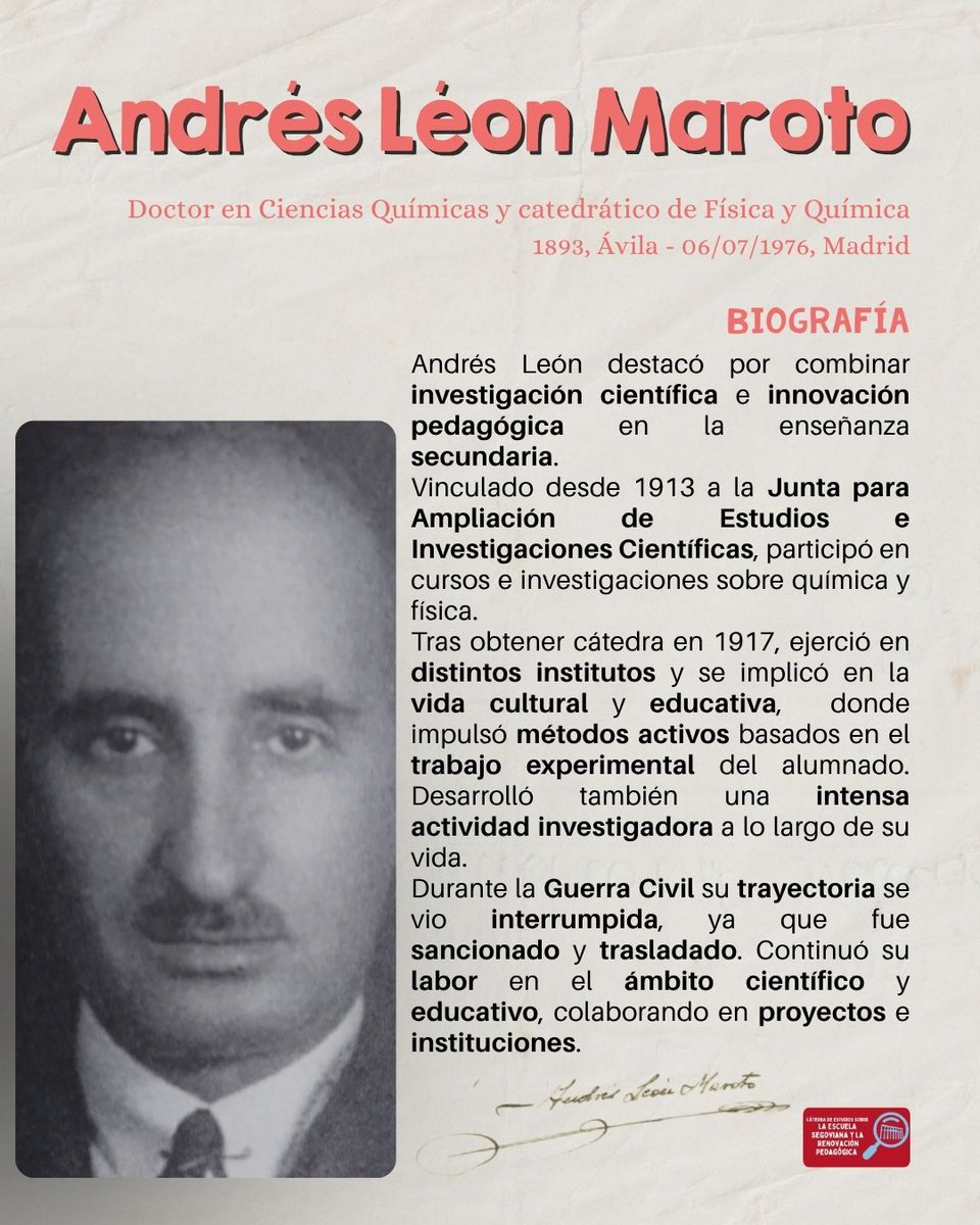 catedrasegovia's tweet photo. 1️⃣🎓 Hoy recordamos a Andrés León, profesor y científico comprometido con la renovación educativa.

🔬 Vinculado a la Junta para Ampliación de Estudios desde sus inicios, combinó la investigación en química y física con una intensa labor docente. https://t.co/rgNRLOKFpo