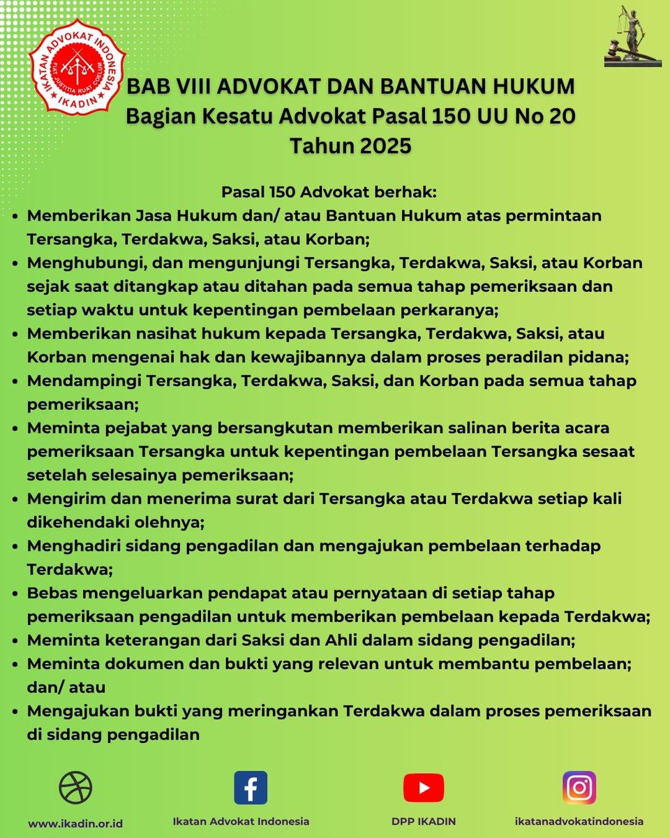 DPP_IKADIN's tweet photo. BAB VIII ADVOKAT DAN BANTUAN HUKUM Bagian Kesatu Advokat Pasal 150 UU No 20 Tahun 2025 https://t.co/I3hTQz0OUZ