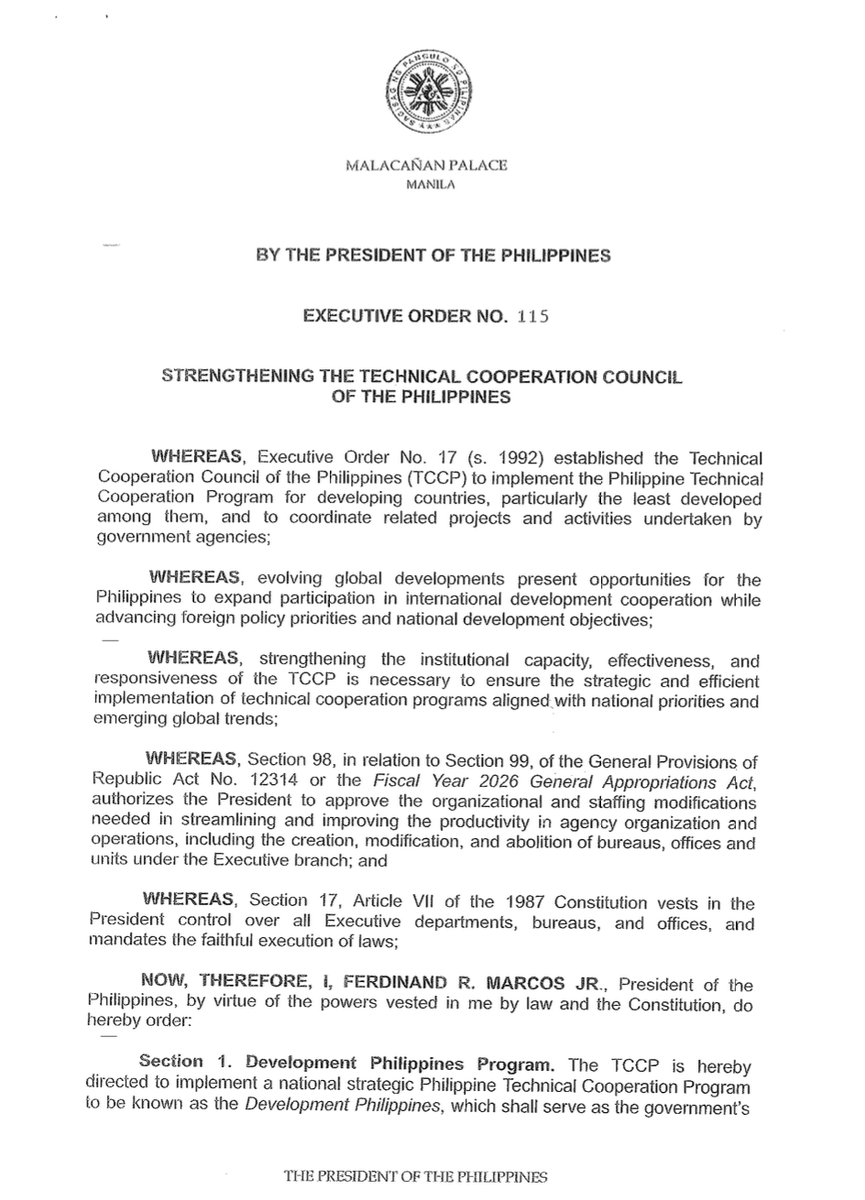 PTVph's tweet photo. NEWS UPDATE: President Ferdinand R. Marcos Jr. has issued Executive Order No. 115 aimed at strengthening the institutional capacity and responsiveness of the Technical Cooperation Council of the Philippines (TCCP), [...]

(1/2) https://t.co/Bdas6IbGjn