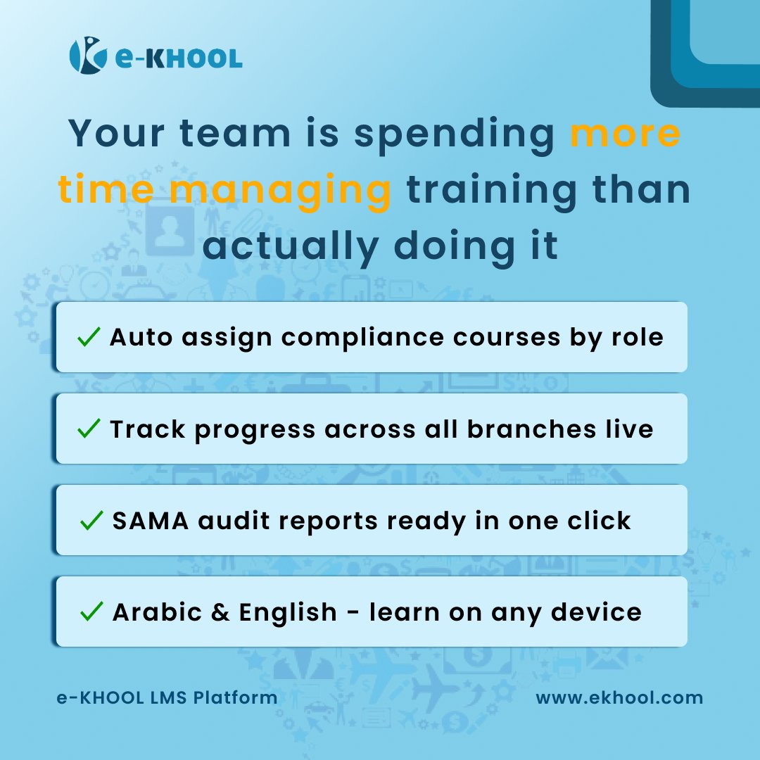 EkhoolLMS's tweet photo. BFSI compliance training with the e-KHOOL LMS Platform.
✔ Auto-assign courses by role
✔ Track progress live
✔ One-click SAMA audit reports
✔ Arabic &amp; English learning on any device
https://t.co/TByPlbWC1w

#LMSPlatform #BFSI #ComplianceTraining #SaudiArabia  #النصر_الهلال https://t.co/kQiFUsWwoi