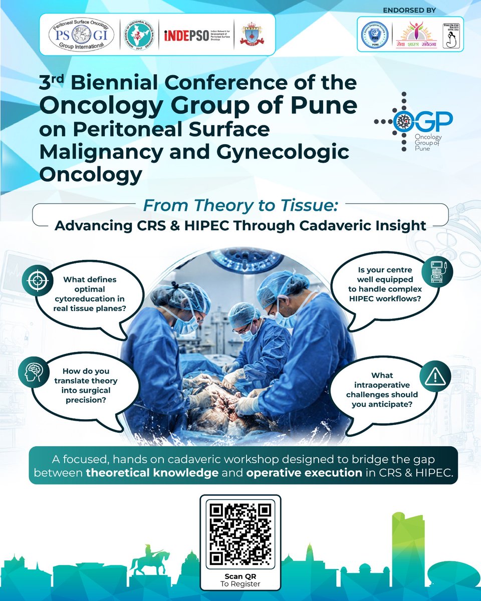 indepso's tweet photo. “Complete cytoreduction” sounds elegant in presentations.
In reality, it’s anatomy under tension, difficult planes, bleeding control, fatigue, judgement, and knowing exactly when to push further.
CRS & HIPEC is among the most technically demanding procedures in surgical oncology — and mastering it requires more than conference lectures.
The Oncology Group of Pune conference aims to bridge that gap with hands-on cadaveric insight and operative discussions focused on real surgical challenges.
From theory to tissue. Literally.
#HIPEC #CRS #PeritonealMalignancy #SurgicalEducation #Oncology #GynecologicOncology #SurgicalSkills #CancerCare #OncoSurgery
@PSugarbaker @glehenolivier @zeebausofi @writeslkpushkin @vivekanandkem @sukumar_vivek @docswapnil01 @MufaddalKazi @Bhandoria