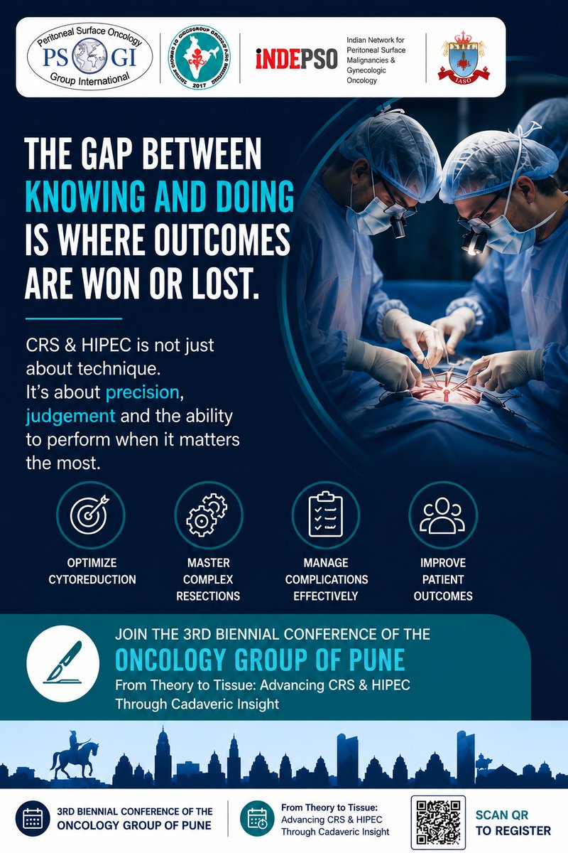 indepso's tweet photo. Most surgeons can talk about CRS & HIPEC.
But when the planes disappear, the bowel is hostile, the diaphragm is stuck, the pelvis is frozen, and the clock has crossed hour eight… that’s when surgical oncology stops being academic.
That’s when judgement matters.

CRS & HIPEC is not a procedure.
It is an ecosystem of decisions:
▪️ Patient selection
▪️ Operative planning
▪️ Peritonectomy planes
▪️ Massive resections
▪️ Workflow logistics
▪️ Complication management

And the uncomfortable truth?
Not every team doing HIPEC is truly equipped for the complexity it demands.
The gap between knowing and doing is where outcomes are won or lost.
This workshop is built for surgeons who want to close that gap — not with more slides, but with tissue planes, operative strategy, and cadaveric insight.
#CRS #HIPEC #SurgicalOncology #PeritonealSurfaceMalignancy #GynecologicOncology #CancerSurgery #OncoSurgery #CadavericWorkshop #Peritonectomy #MedicalEducation

@PSugarbaker @writeslkpushkin @glehenolivier @zeebausofi @MufaddalKazi @Snioncosurgeon1 @vivekanandkem @sukumar_vivek @Bhandoria