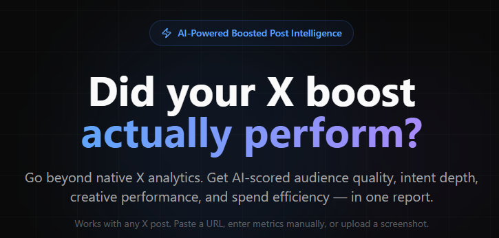 XPromoRank's tweet photo. Most people boost posts on X and only look at surface metrics. Surface metrics don’t tell you the full story.

A boosted post can generate impressions and engagement while still showing signs of:
• weak audience interaction quality
• poor engagement depth
• low conversation conversion
• visibility inefficiencies
• inflated engagement patterns
• weak click-through behavior
• limited organic amplification

That’s why we built Boosted Post Audit inside XPromoRank. The report analyzes boosted X posts across:
• engagement quality scoring
• audience interaction analysis
• visibility and reach patterns
• engagement authenticity indicators
• post efficiency metrics
• risk signals and behavioral anomalies
• recommendations to improve future campaigns
The goal is simple:
Help advertisers, agencies, founders, and creators better understand what actually happened after spending money to promote a post.

Example report:
https://t.co/e9FvcTVqe0

Launch:
https://t.co/i5uxd3M04B

#XAds #MarketingAnalytics #CryptoMarketing #MarketingAnalytics #GrowthMarketing