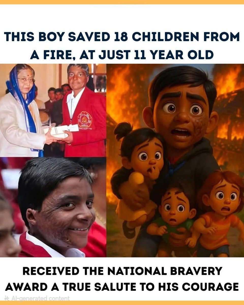 AnanyaModi95's tweet photo. At just 11 years old, he ran into the flames and saved 18 children — proving that heroes don’t wear capes, they carry courage in their hearts. 🇮🇳🔥❤️ Salute to this young braveheart and his unforgettable act of humanity.

#Bravery #RealHero #NationalBraveryAward #IndianHero https://t.co/9VsU1HuB1a