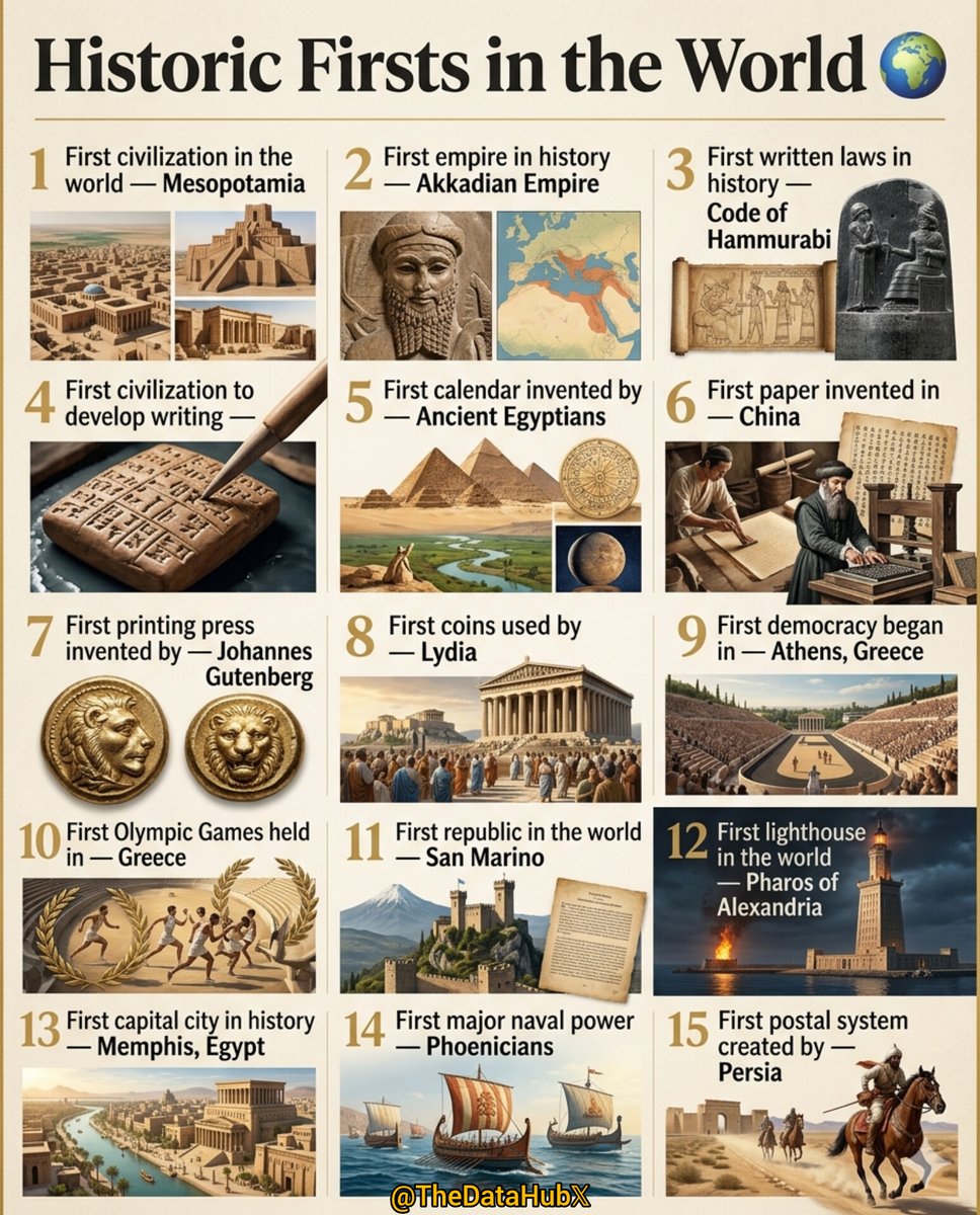 TheDataHubX's tweet photo. Historic Firsts in the World 

1) First civilization in the world → Mesopotamia
2) First empire in history → Akkadian Empire
3) First written laws in history → Code of Hammurabi
4) First civilization to develop writing → Sumerians
5) First calendar invented by → Ancient Egyptians
6) First paper invented in → China
7) First printing press invented by → Johannes Gutenberg
8) First coins used by → Lydia
9) First democracy began in → Athens, Greece
10) First Olympic Games held in → Greece
11) First republic in the world → San Marino
12) First lighthouse in the world → Pharos of Alexandria
13) First capital city in history → Memphis, Egypt
14) First major naval power → Phoenicians
15) First postal system created by → Persia