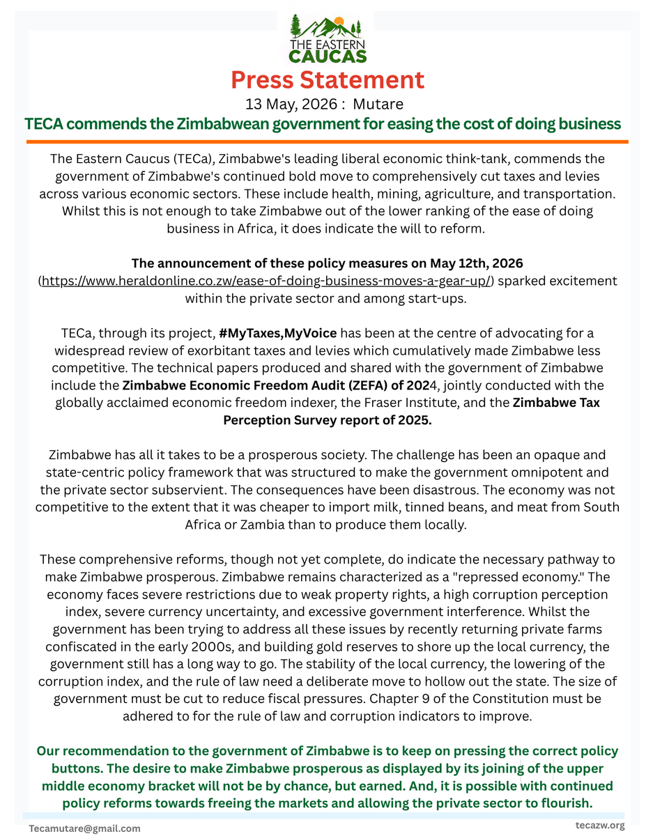 zitap24's tweet photo. TECa commends the GoZ for cutting taxes &amp; levies in health, mining, agriculture &amp; transport. A major step for the private sector! 🚀

Our #MyTaxes,MyVoice project continues to advocate for policy that allows businesses to flourish.

#Zimbabwe #MyTaxMyVoice #EaseOfDoingBusiness https://t.co/GC4MoSmEpw