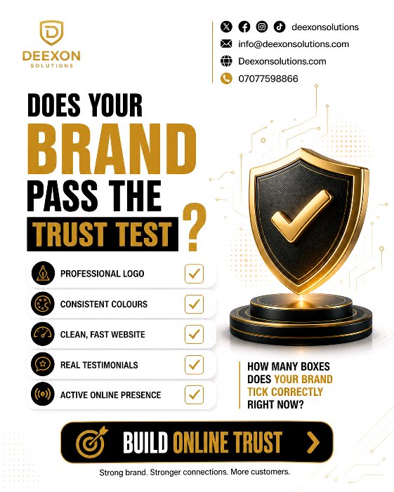 deexonsolutions's tweet photo. Your brand isn’t just about looking good — it’s about being trusted. 💼✨
From a professional logo to a fast website and strong online presence, every detail matters when customers decide who to trust.
✅ Professional Branding
✅ Consistent Identity
✅ Clean &amp; Fast Website https://t.co/v2WMv2wpmx