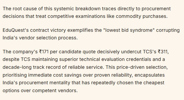 Rs 171 won over Rs 311

To conduct exams they replaced TCS with a cheaper vendor. L1 strikes again. It's the country's mindset of treating everything as Mitti-Baalu.