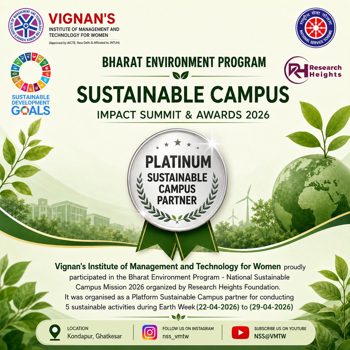 VMTW_NSS's tweet photo. PLATINUM SECURED! 💎🏆

VMTW is proud to be recognized as a Platinum Sustainable Campus Partner at the Sustainable Campus Impact Summit &amp; Awards 2026!

Huge thanks to @ResearchHeights &amp; EPTRI for organizing the Bharat Environment Program. 

#NSS #SustainableCampus #VMTW https://t.co/f9CTmoqi86