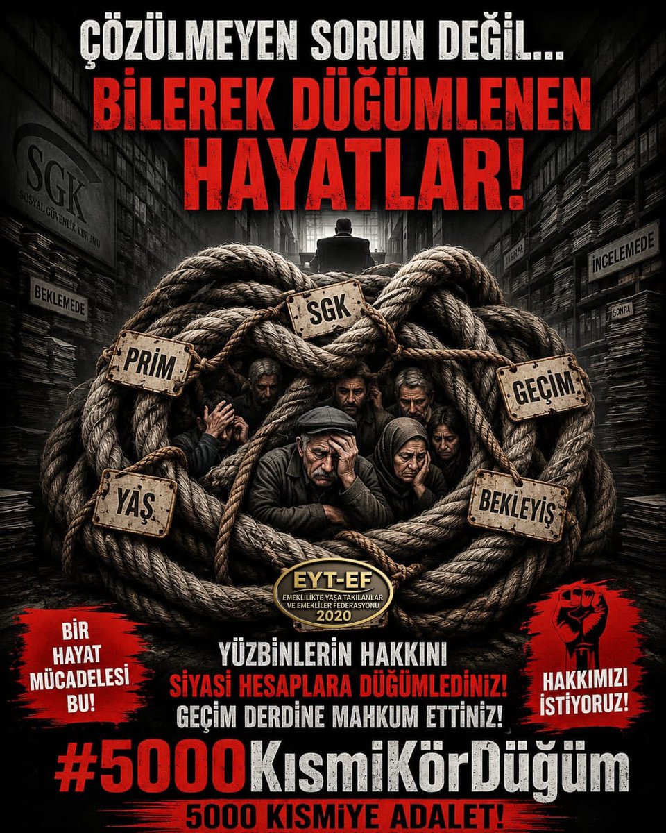 Eyt çözülmedi aksine ardında koskoca bir enkaz bıraktı 5000 ve kısmi emeklilik yasal hakkımızdır. 
Tek suçumuz güvenmek ! 
<a href="/RTErdogan/">Recep Tayyip Erdoğan</a> <a href="/dbdevletbahceli/">Devlet Bahçeli</a>
<a href="/avabdullahguler/">Abdullah Güler</a> <a href="/_cevdetyilmaz/">Cevdet Yılmaz</a>
<a href="/isikhanvedat/">Prof. Dr. Vedat Işıkhan</a> <a href="/eczozgurozel/">Özgür Özel</a>
#5000KısmiKördüğüm
#EmekliBittiAlgınızBitmedi