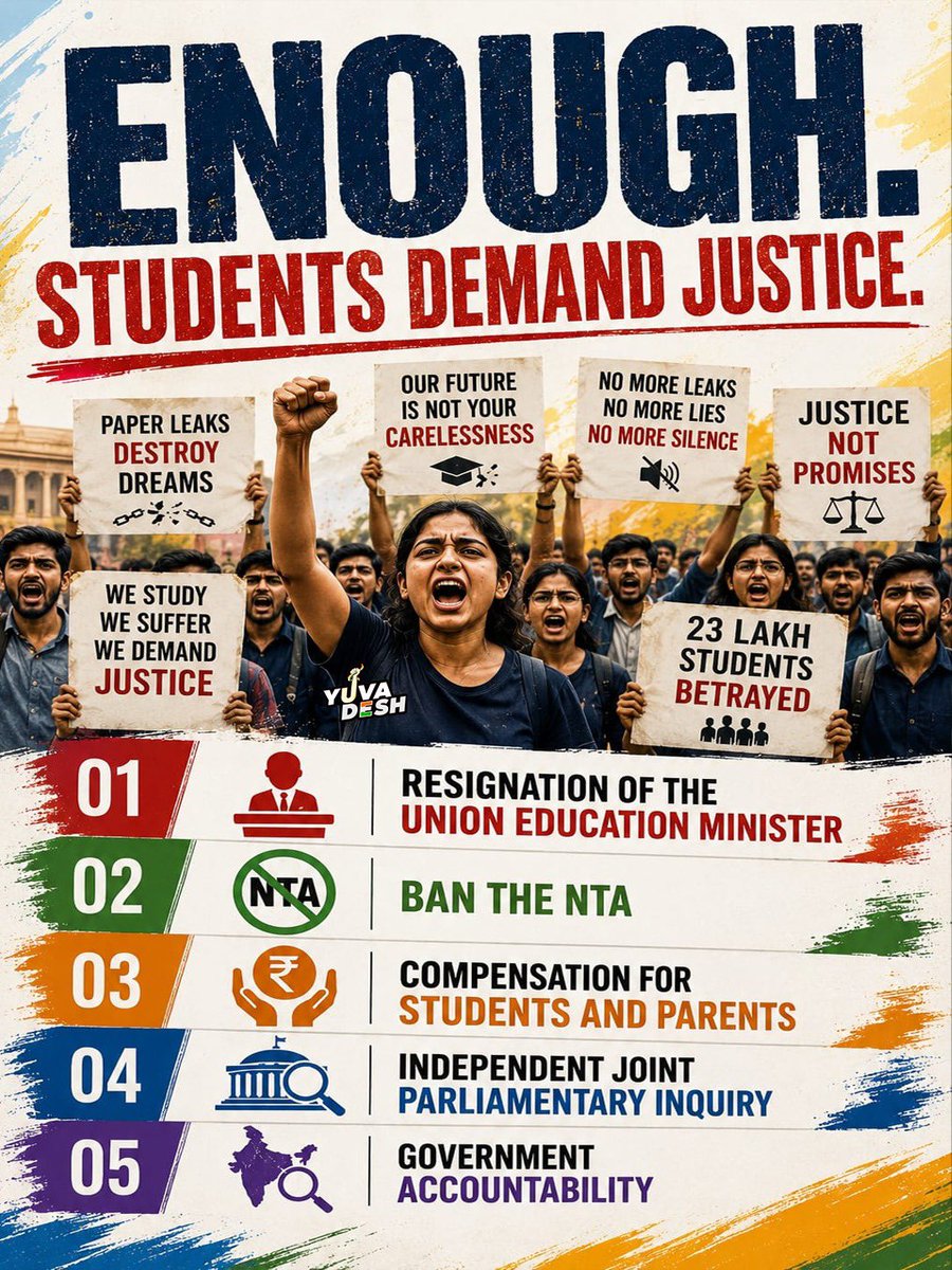 IYC's tweet photo. These are 5 non-negotiable demands from India’s students. ✊

#BanNTA #SackDharmendraPradhan https://t.co/V5I781oVYc